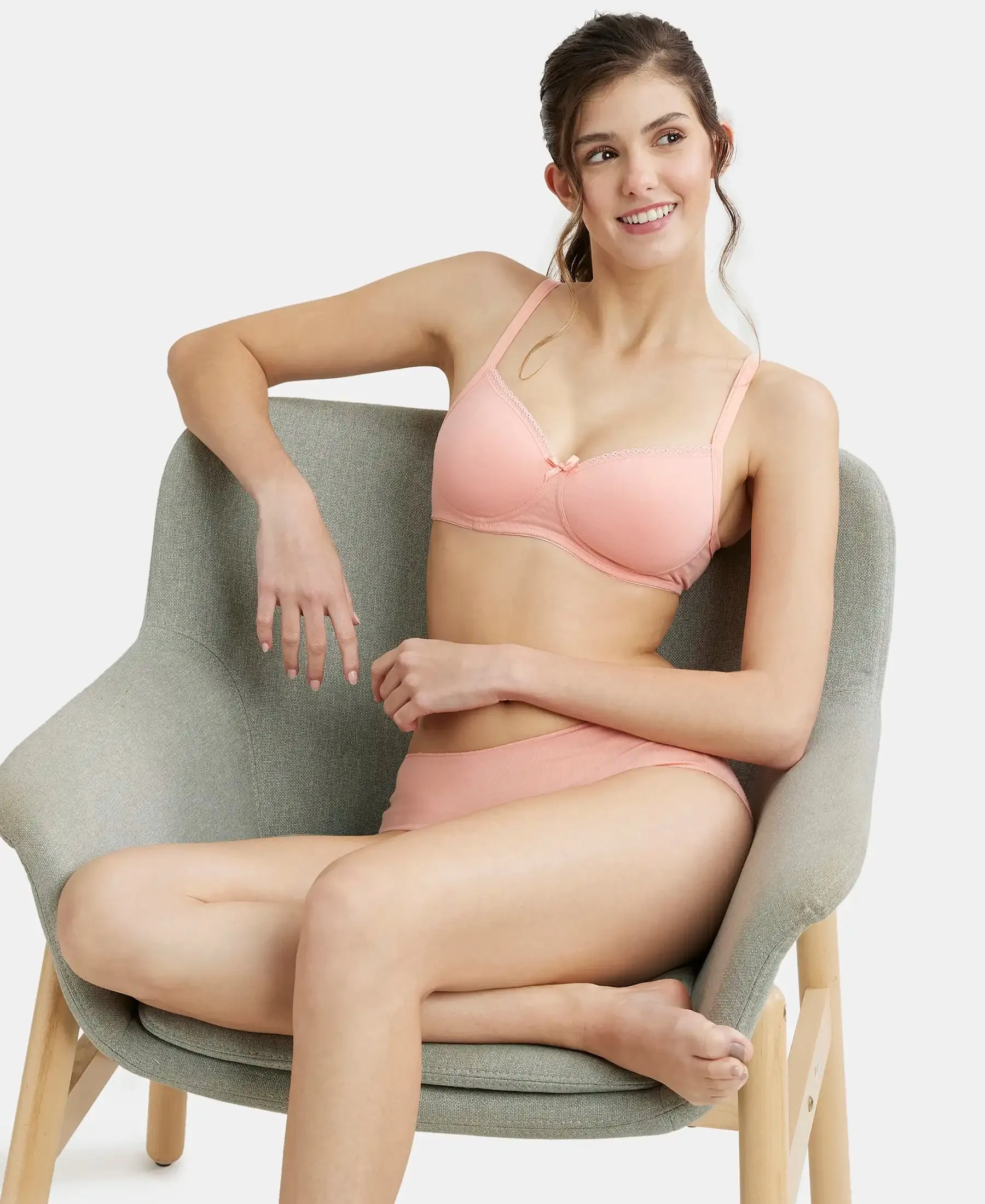 Wirefree Padded Super Combed Cotton Elastane Stretch Medium Coverage T-Shirt Bra with Lace Styling - Candlelight Peach