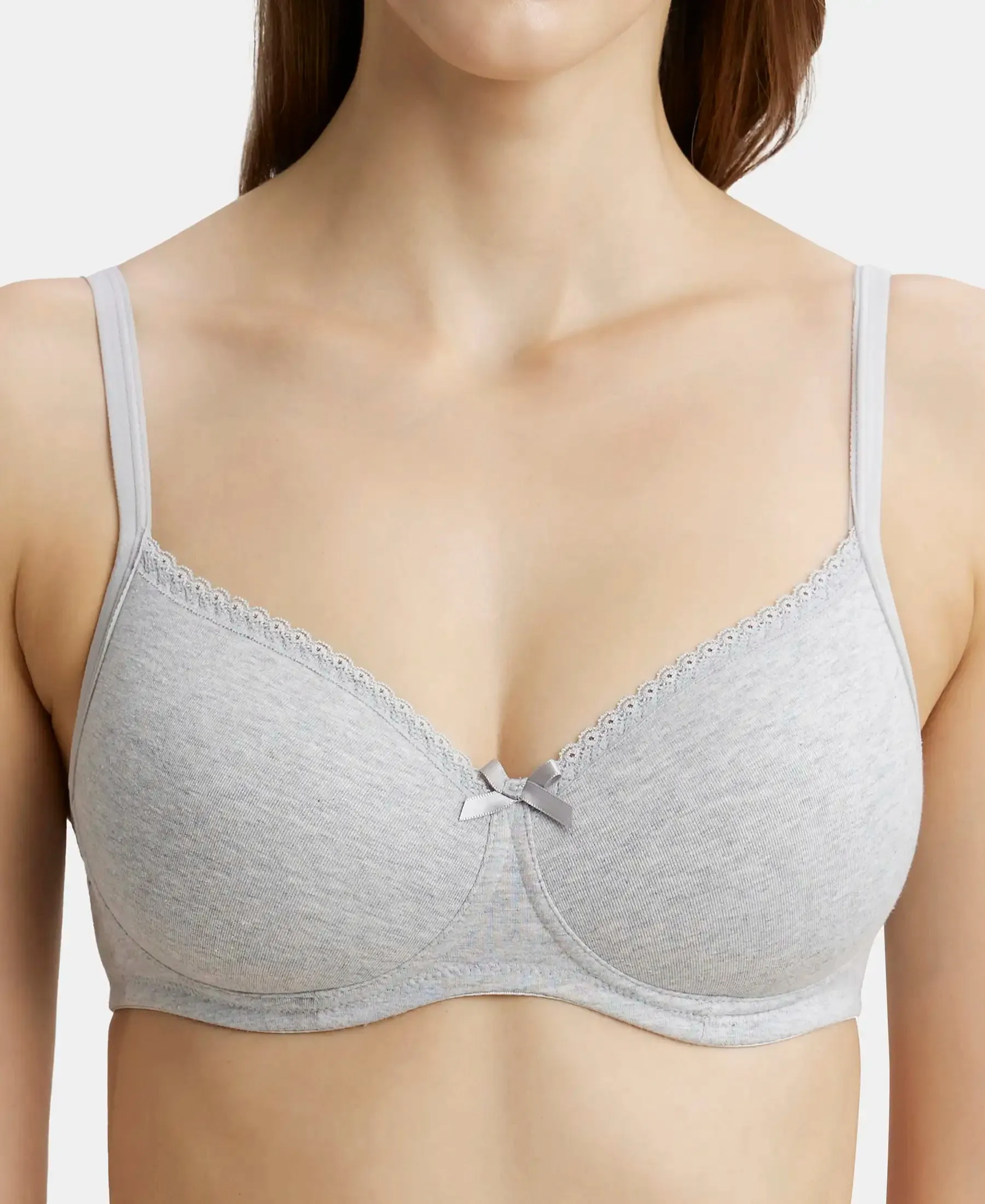 Wirefree Padded Super Combed Cotton Elastane Stretch Medium Coverage T-Shirt Bra with Lace Styling - Steel Grey Melange