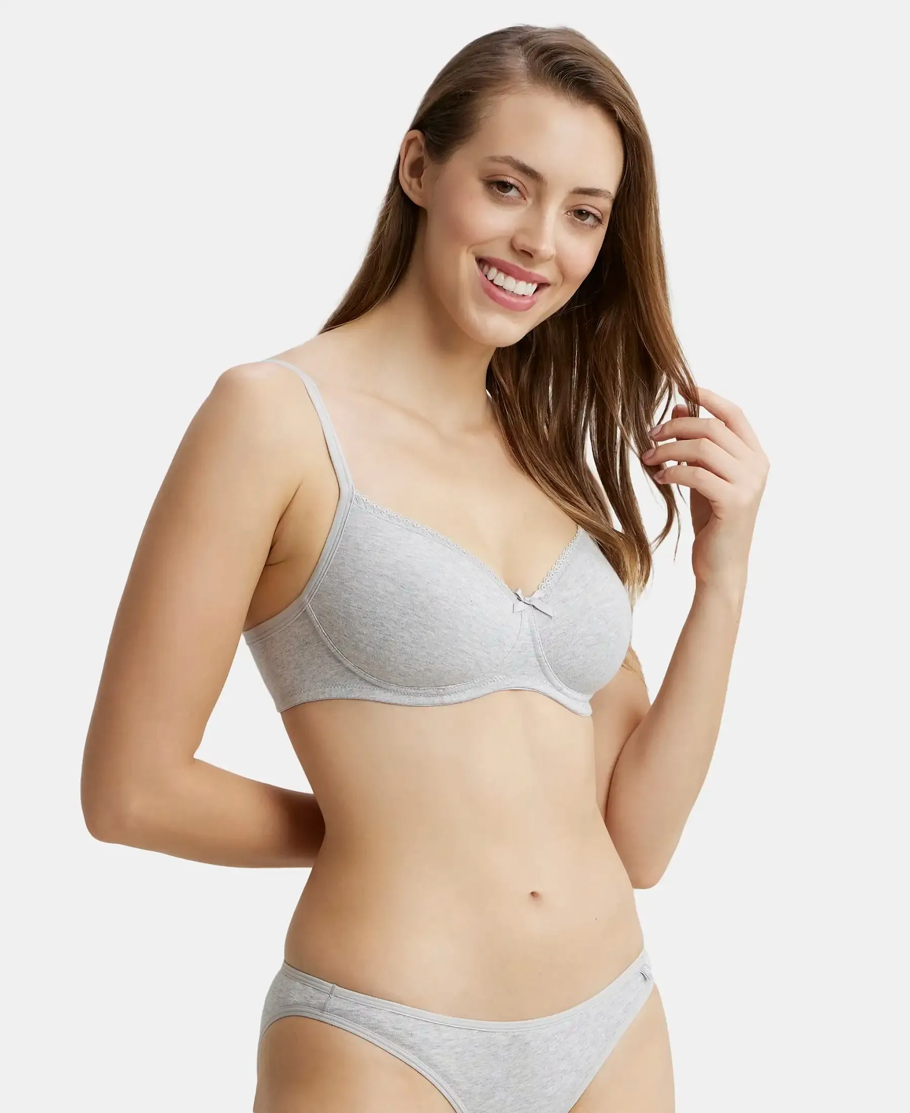 Wirefree Padded Super Combed Cotton Elastane Stretch Medium Coverage T-Shirt Bra with Lace Styling - Steel Grey Melange
