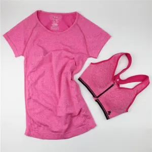Women Casual T-shirt   Push Up Bra Sets Quick-Dry Fitness Tops Clothing for Female One Suit