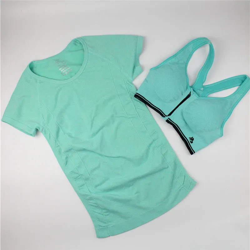 Women Casual T-shirt   Push Up Bra Sets Quick-Dry Fitness Tops Clothing for Female One Suit