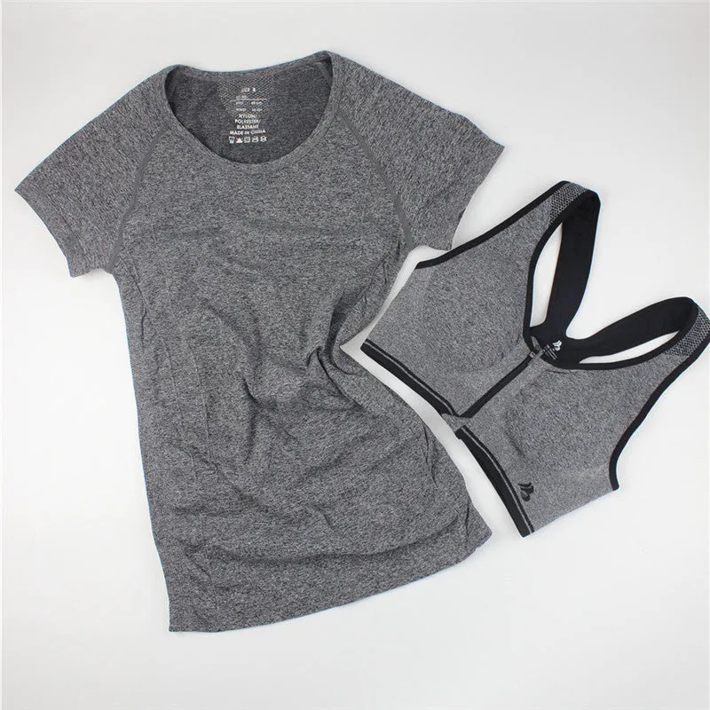 Women Casual T-shirt   Push Up Bra Sets Quick-Dry Fitness Tops Clothing for Female One Suit