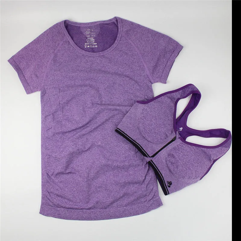 Women Casual T-shirt   Push Up Bra Sets Quick-Dry Fitness Tops Clothing for Female One Suit