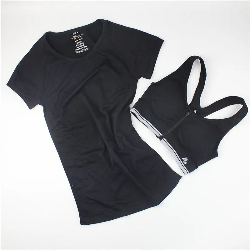 Women Casual T-shirt   Push Up Bra Sets Quick-Dry Fitness Tops Clothing for Female One Suit