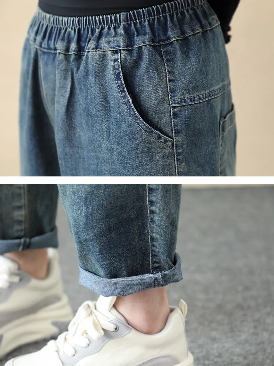 Women Ethnic Flower Embroidery Denim Harem Pants