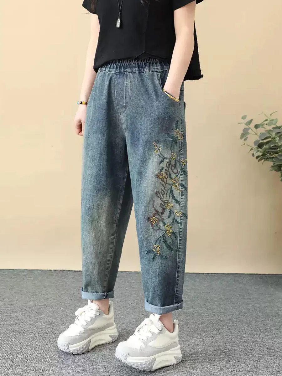 Women Ethnic Flower Embroidery Denim Harem Pants