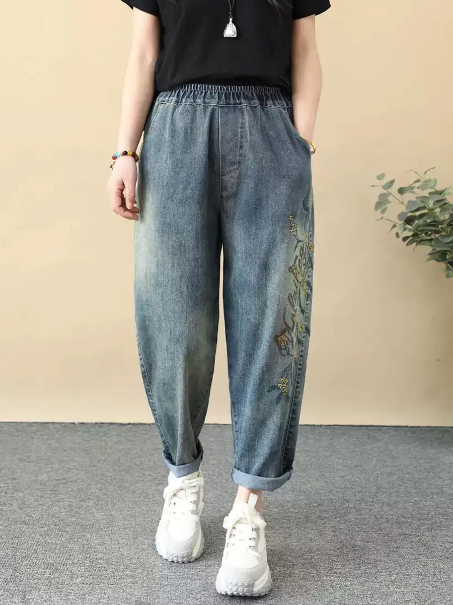 Women Ethnic Flower Embroidery Denim Harem Pants