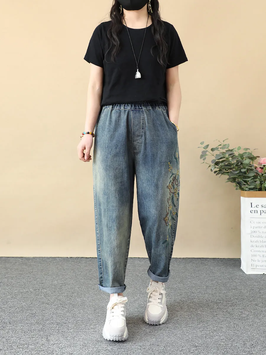 Women Ethnic Flower Embroidery Denim Harem Pants
