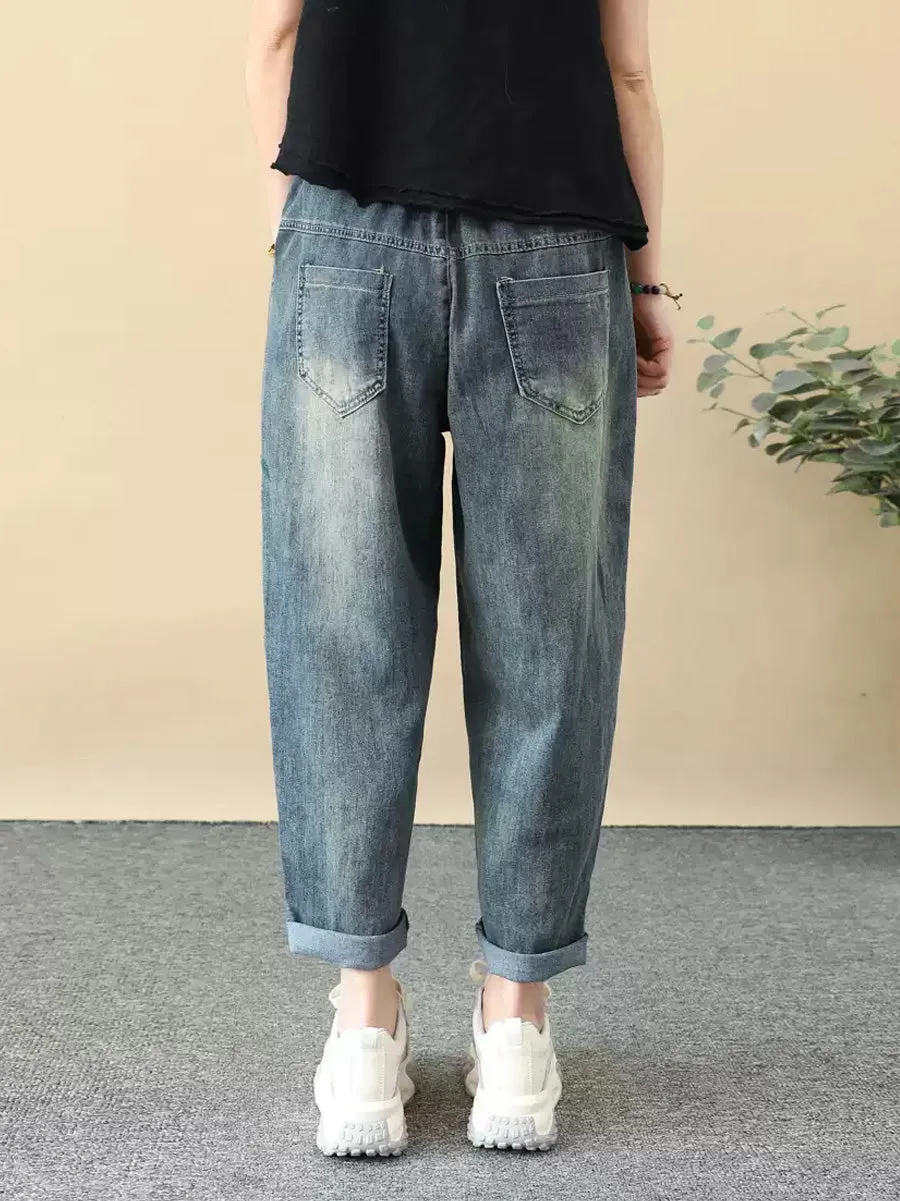Women Ethnic Flower Embroidery Denim Harem Pants