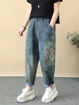 Women Ethnic Flower Embroidery Denim Harem Pants