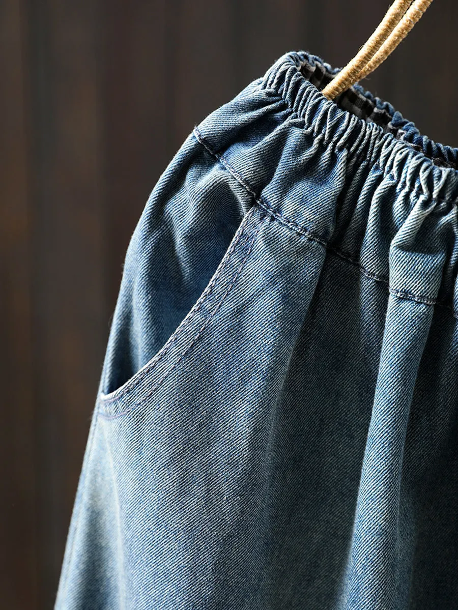 Women Retro Summer Print Frayed Denim Harem Pants