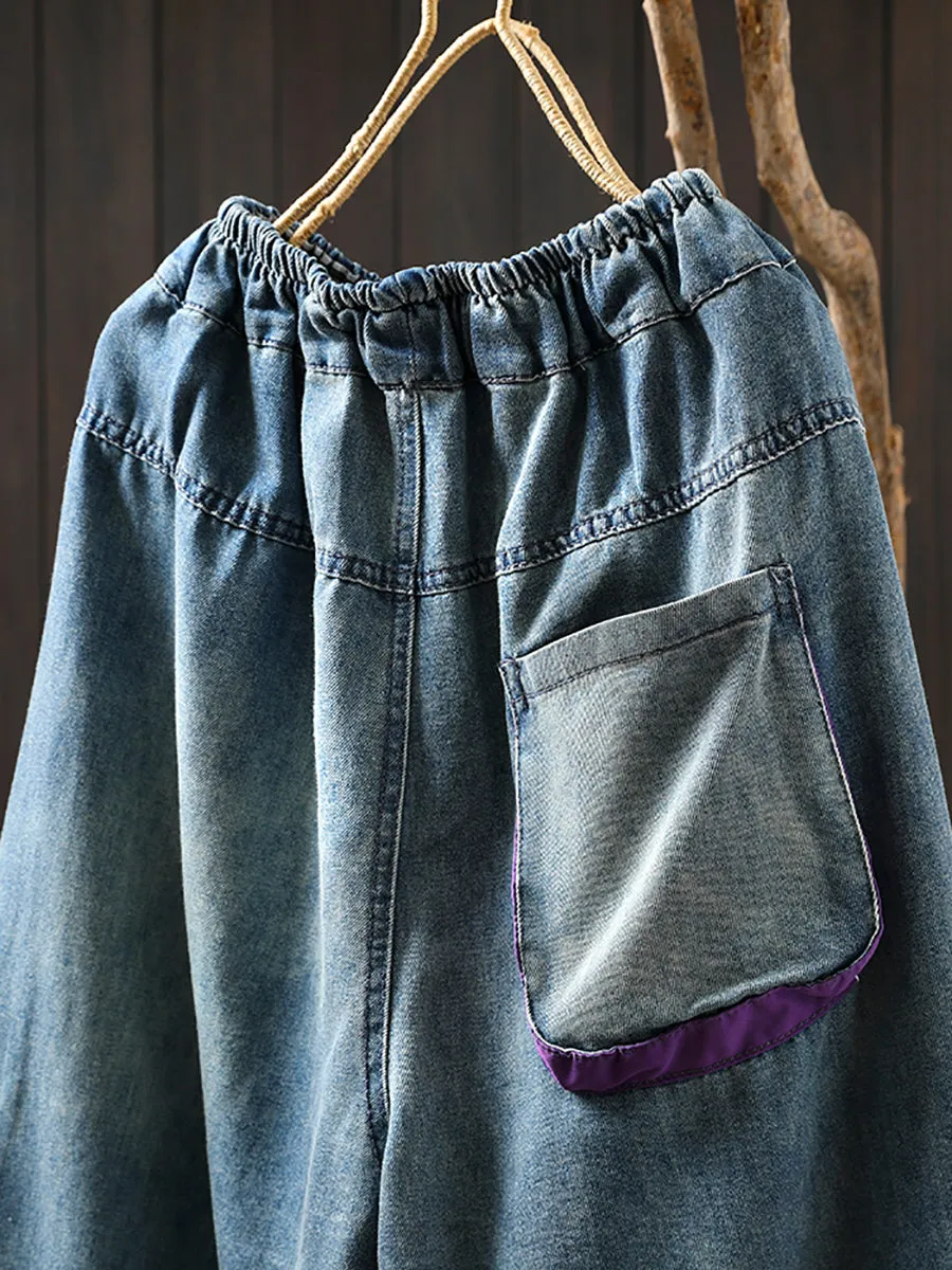 Women Retro Summer Print Frayed Denim Harem Pants