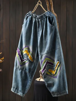 Women Retro Summer Print Frayed Denim Harem Pants