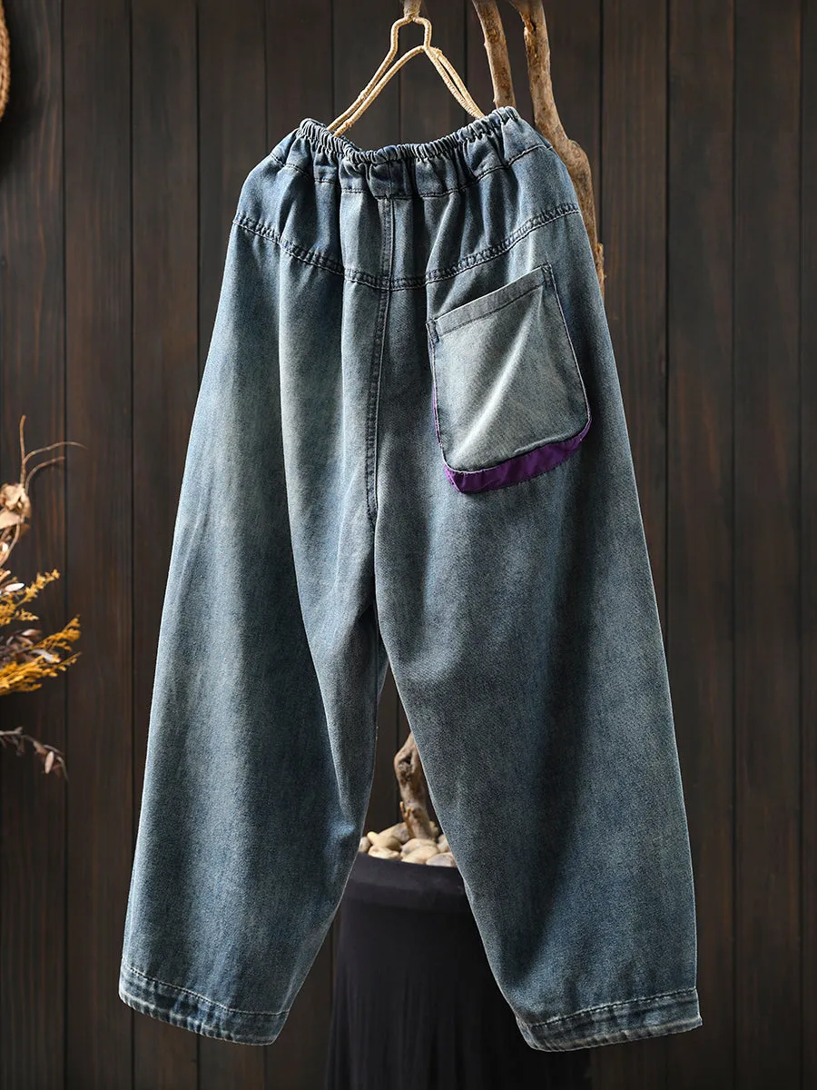 Women Retro Summer Print Frayed Denim Harem Pants