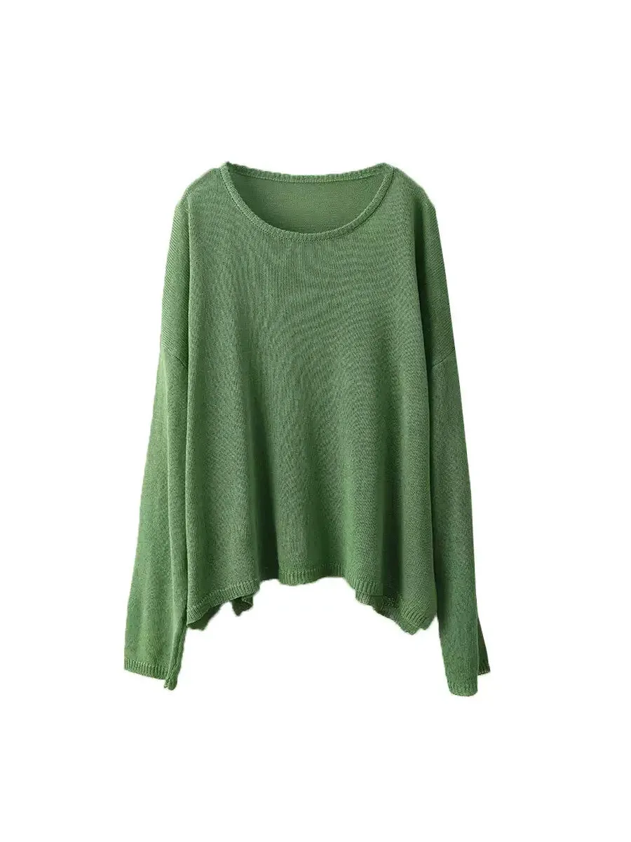 Women Spring O-Neck Thin Knit Linen Shirt