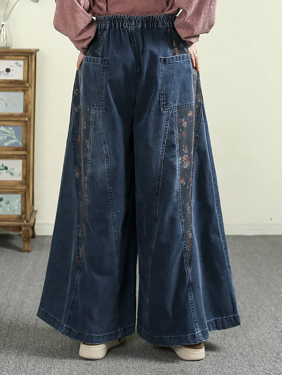 Women Spring Retro Flower Spliced Denim Wide-leg Pants