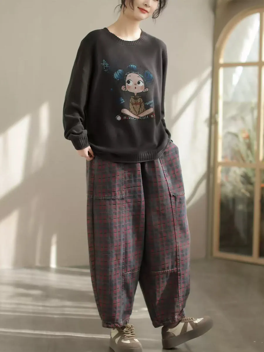 Women Spring Retro Plaid Denim Harem Pants