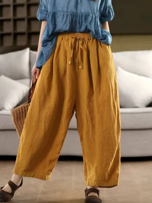 Women Summer Casual Pure Color 100%Linen Wide-leg Pants