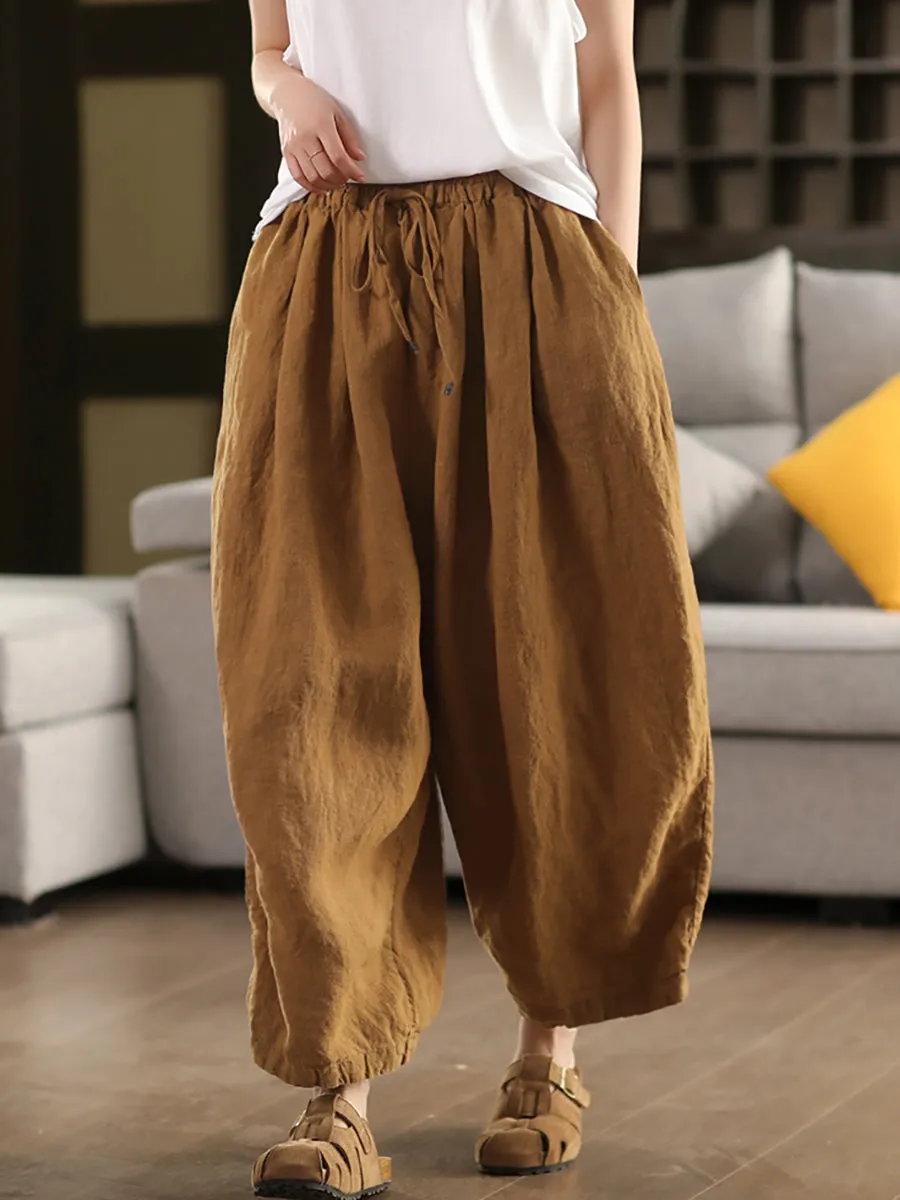 Women Summer Casual Pure Color 100%Linen Wide-leg Pants