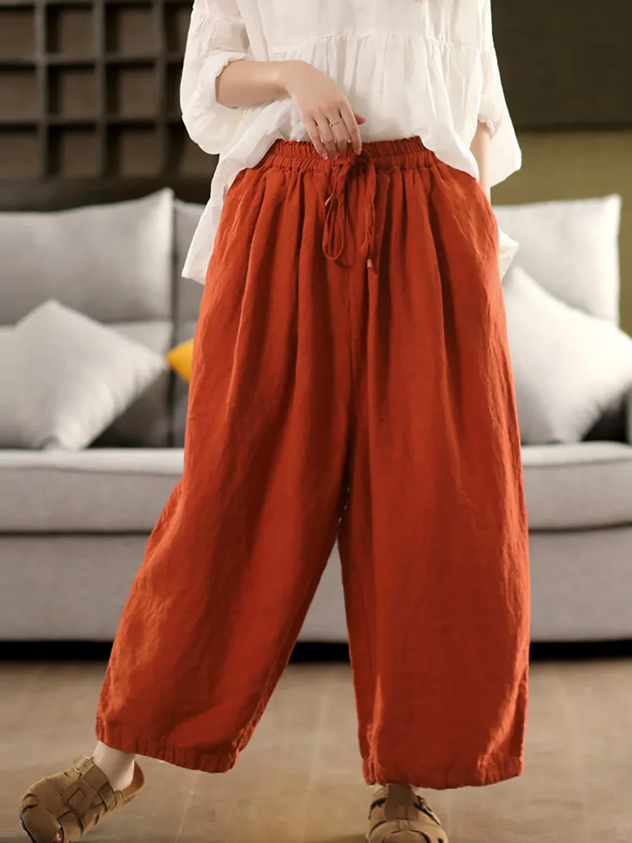 Women Summer Casual Pure Color 100%Linen Wide-leg Pants
