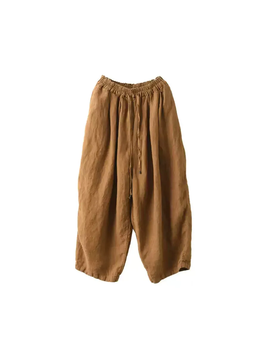 Women Summer Casual Pure Color 100%Linen Wide-leg Pants