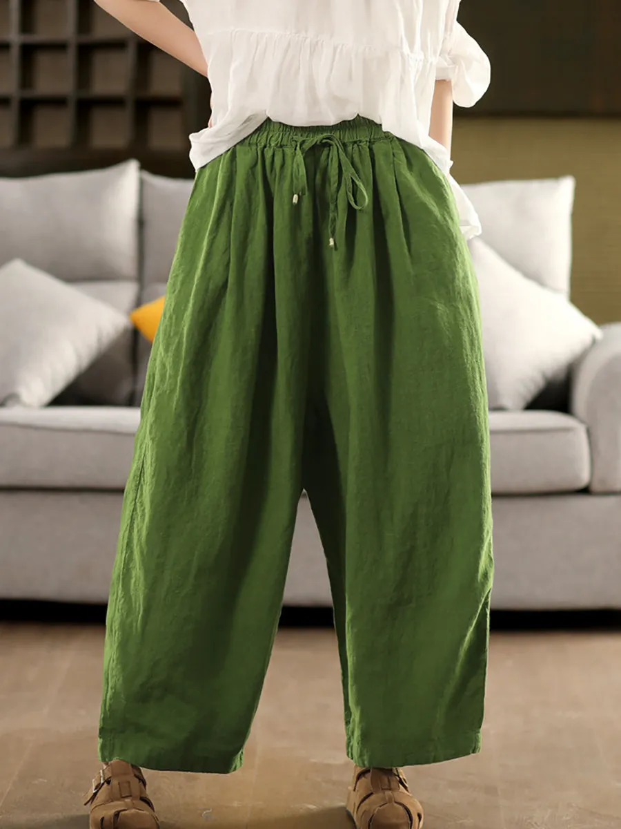 Women Summer Casual Pure Color 100%Linen Wide-leg Pants