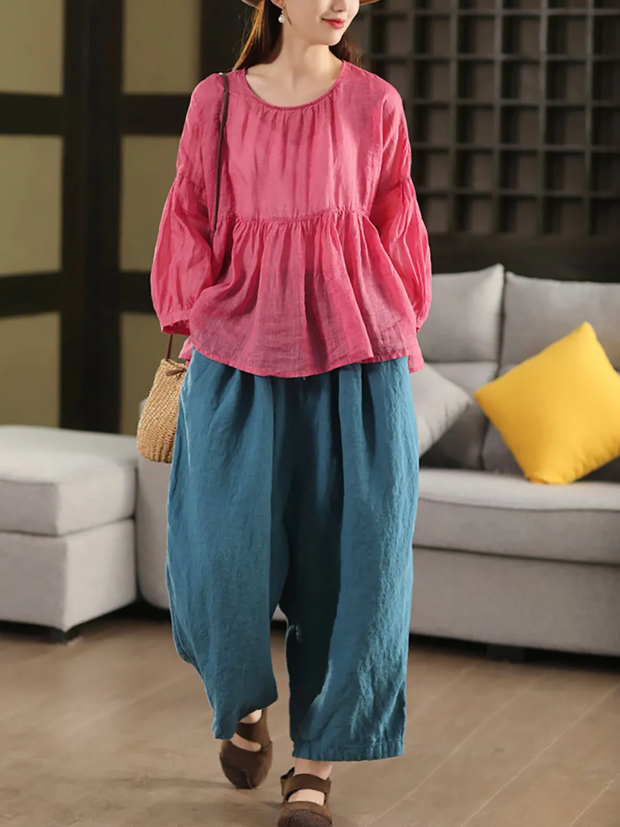 Women Summer Casual Pure Color 100%Linen Wide-leg Pants