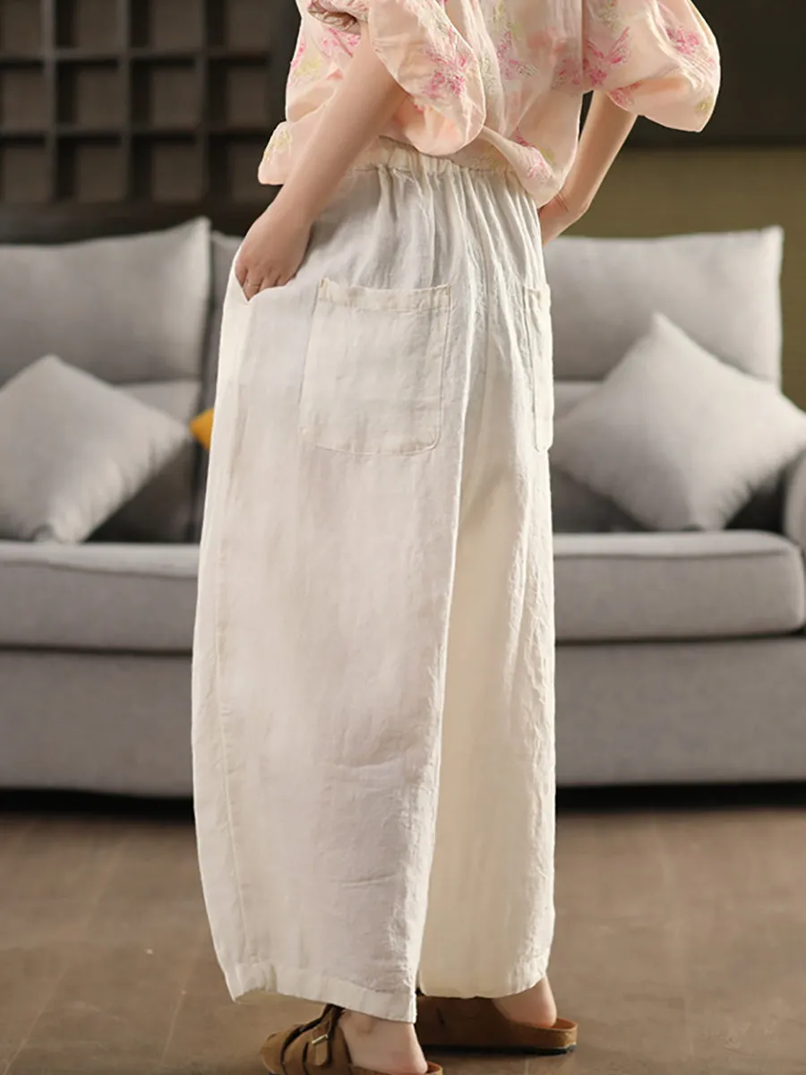 Women Summer Casual Pure Color 100%Linen Wide-leg Pants