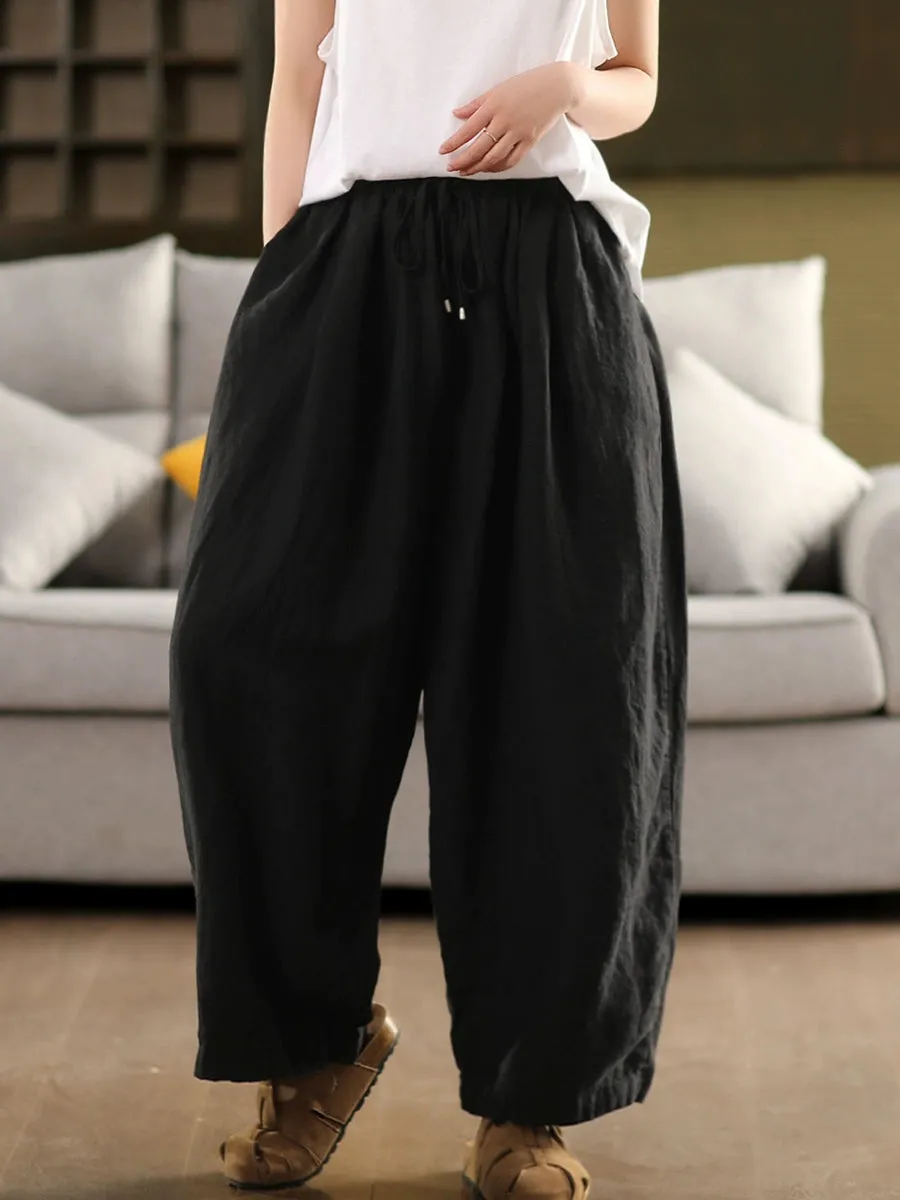 Women Summer Casual Pure Color 100%Linen Wide-leg Pants