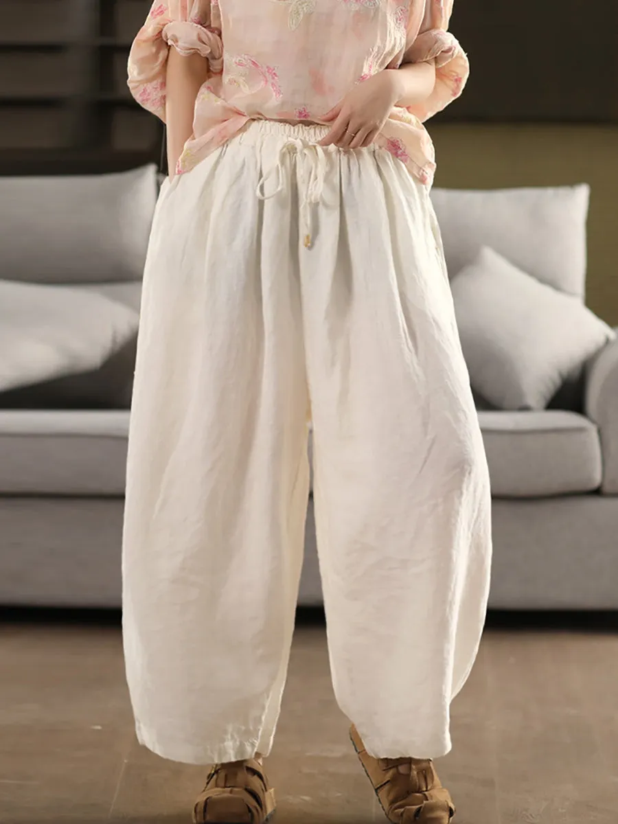 Women Summer Casual Pure Color 100%Linen Wide-leg Pants