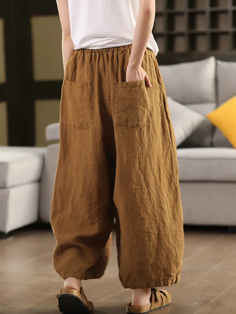 Women Summer Casual Pure Color 100%Linen Wide-leg Pants