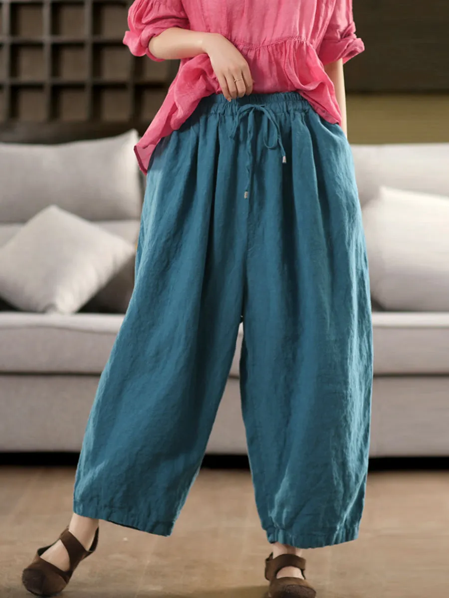 Women Summer Casual Pure Color 100%Linen Wide-leg Pants