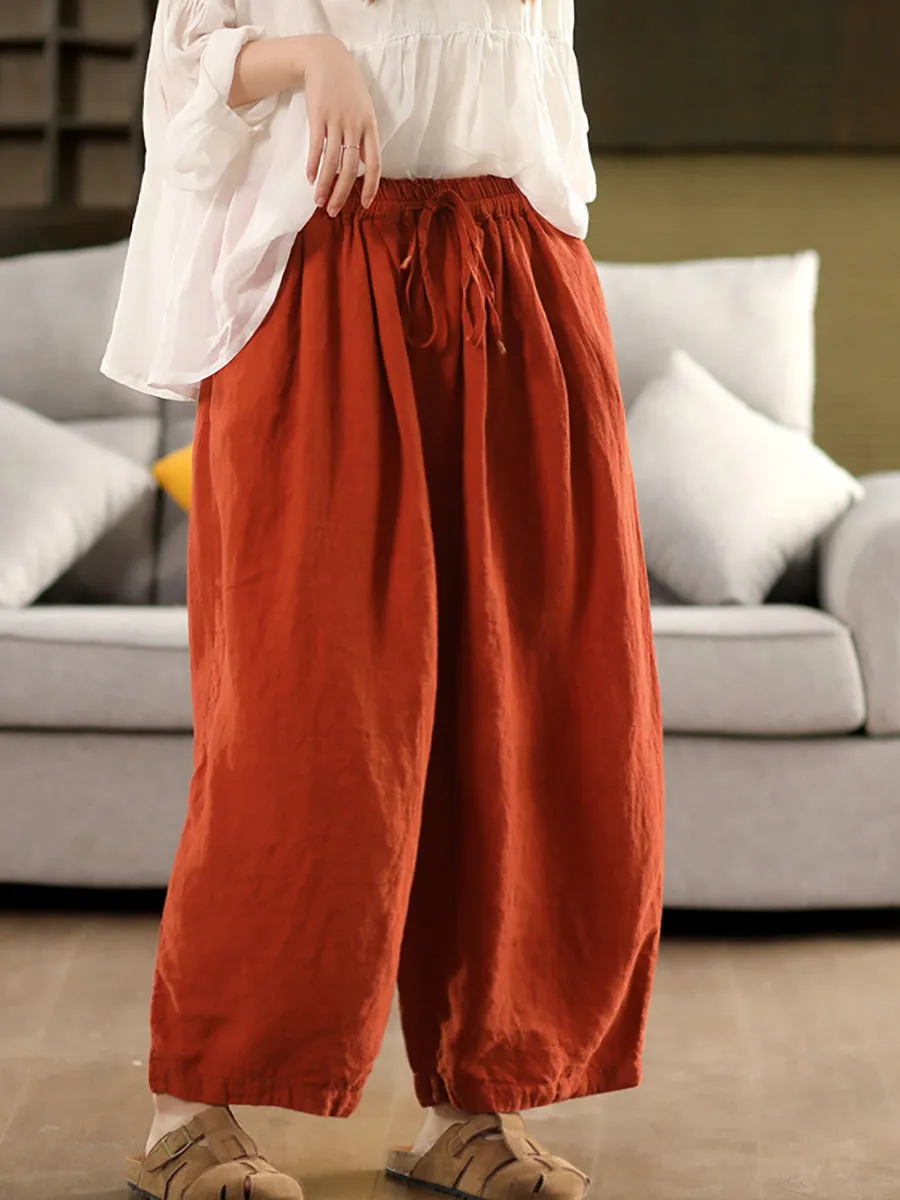 Women Summer Casual Pure Color 100%Linen Wide-leg Pants