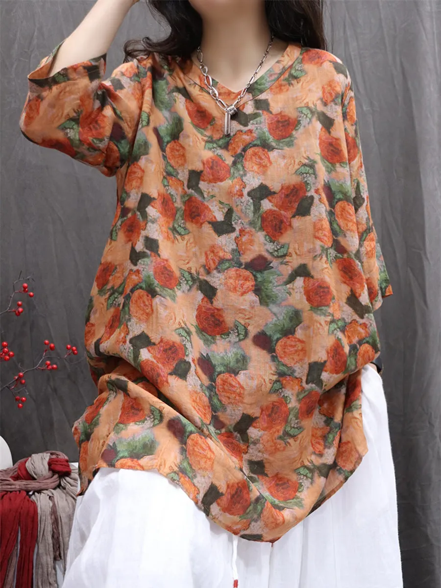 Women Summer Flower V-Neck 100%Ramie Thin Long Shirt