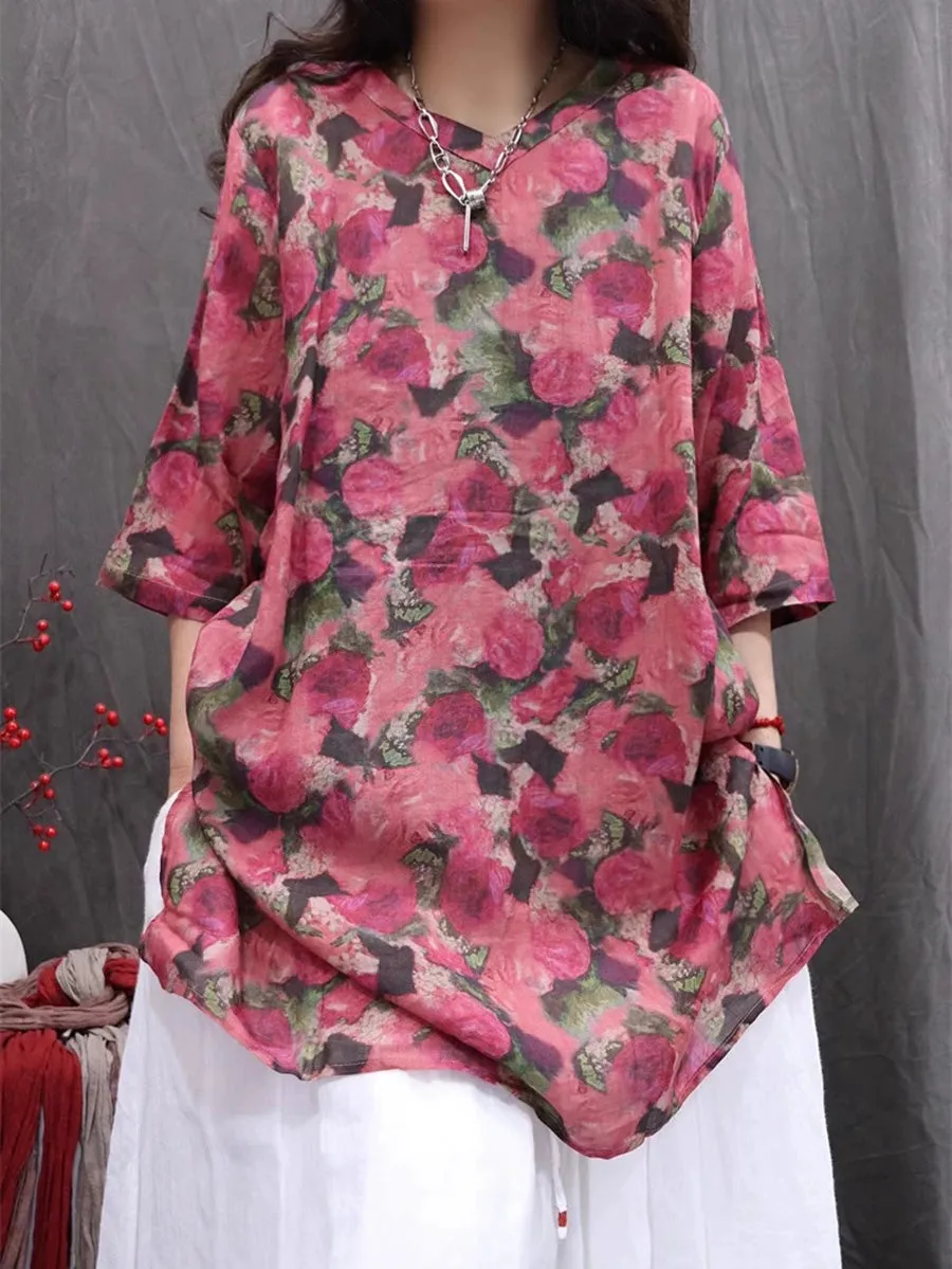 Women Summer Flower V-Neck 100%Ramie Thin Long Shirt