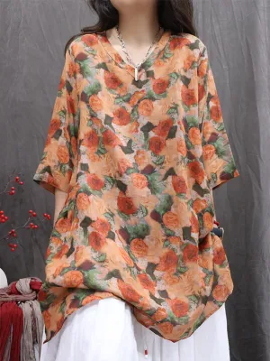Women Summer Flower V-Neck 100%Ramie Thin Long Shirt