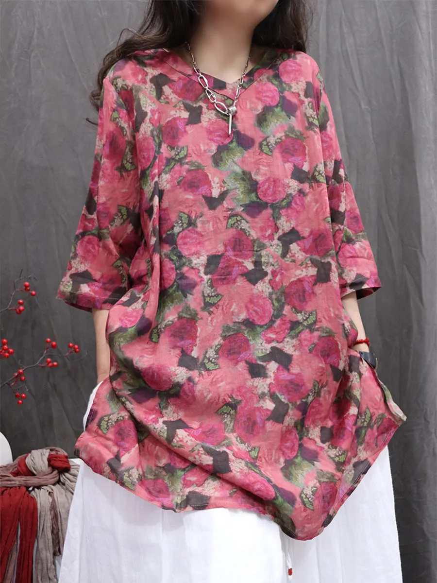 Women Summer Flower V-Neck 100%Ramie Thin Long Shirt