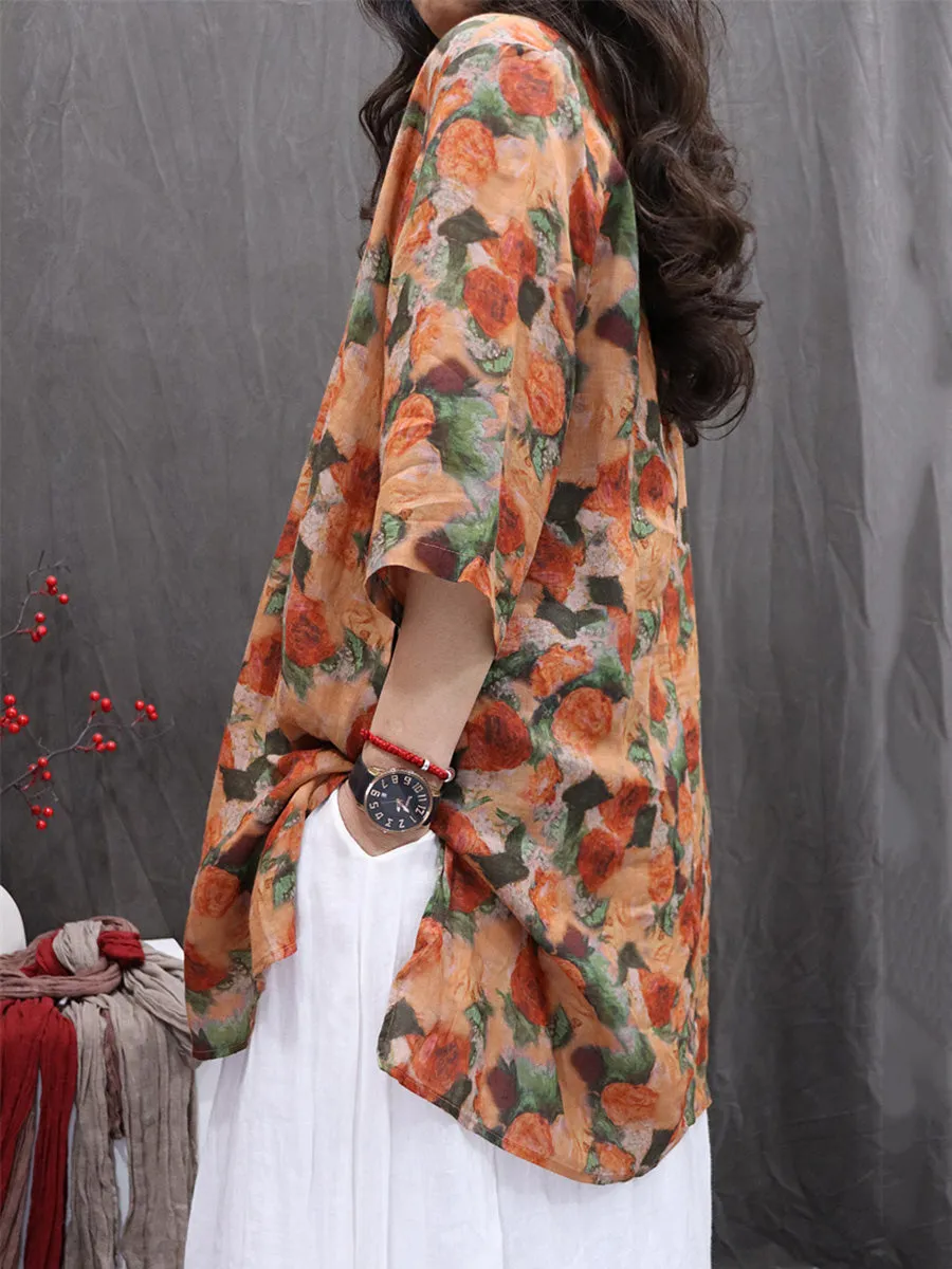 Women Summer Flower V-Neck 100%Ramie Thin Long Shirt