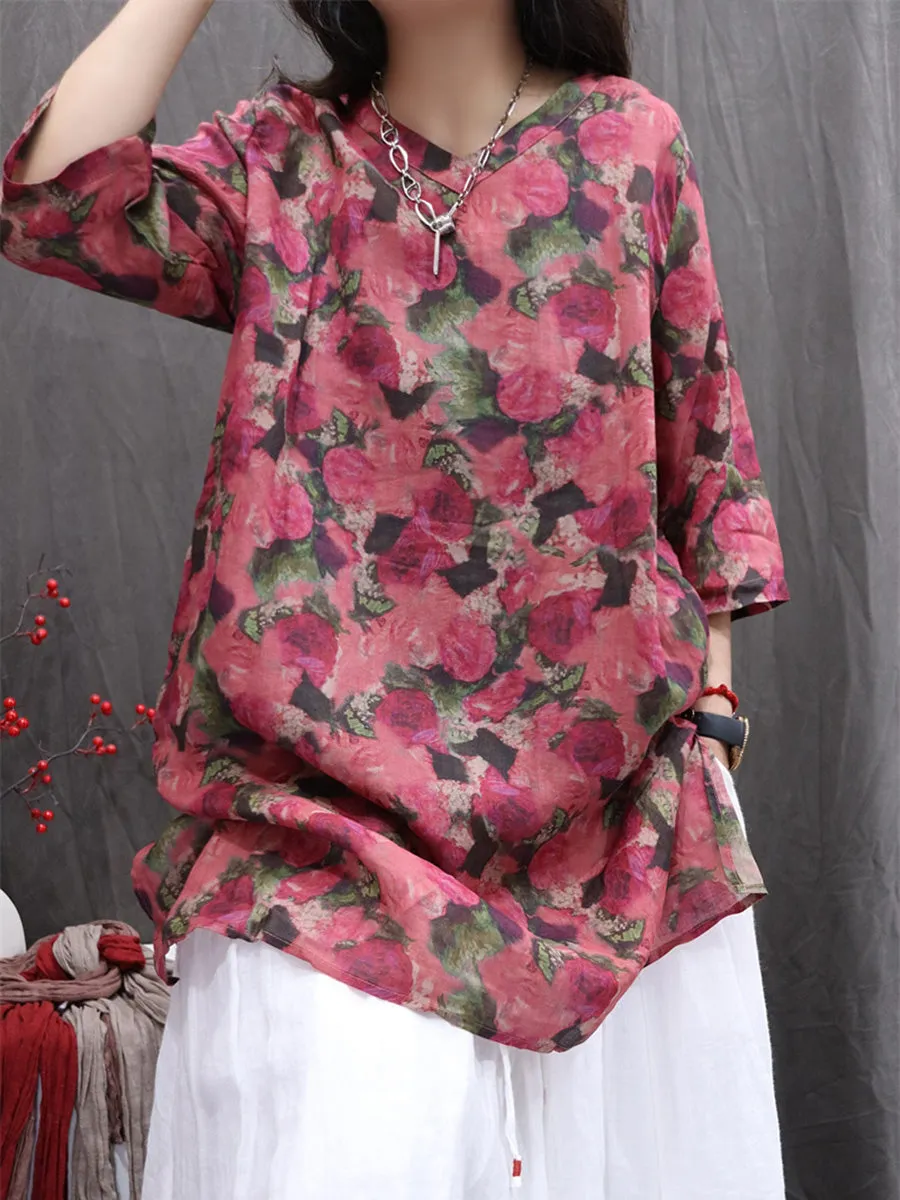 Women Summer Flower V-Neck 100%Ramie Thin Long Shirt