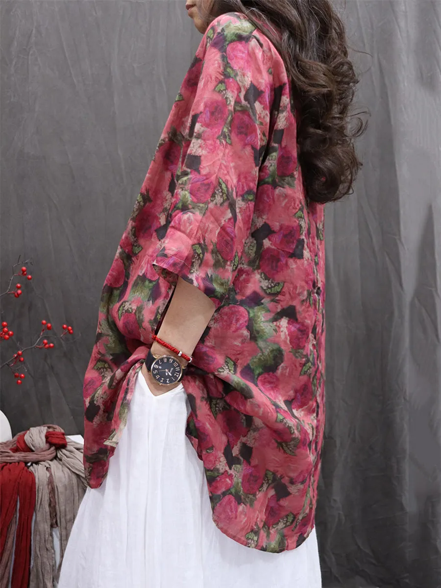 Women Summer Flower V-Neck 100%Ramie Thin Long Shirt