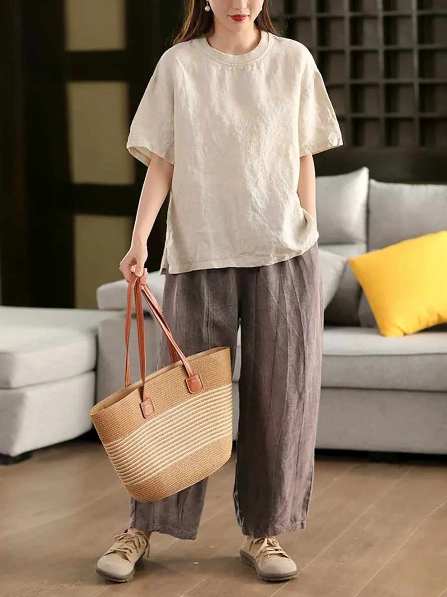 Women Summer Pure Color 100%Linen Harem Pants