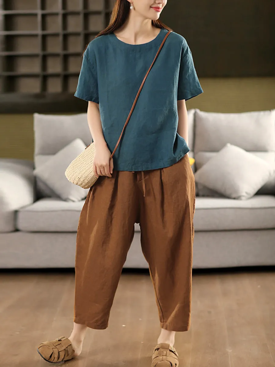 Women Summer Pure Color 100%Linen Harem Pants