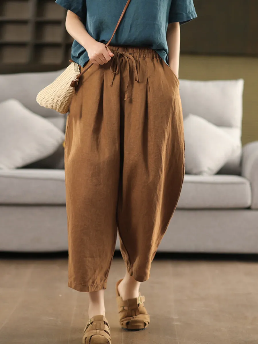 Women Summer Pure Color 100%Linen Harem Pants