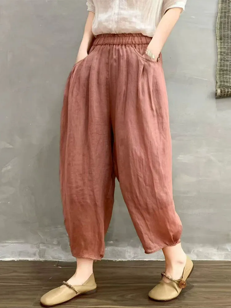 Women Summer Ramie Vintage Style Loose Harem Ankle Pants