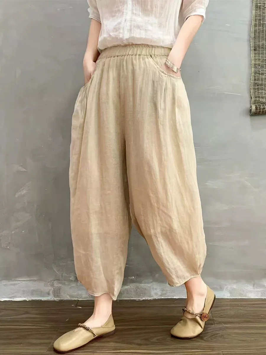 Women Summer Ramie Vintage Style Loose Harem Ankle Pants