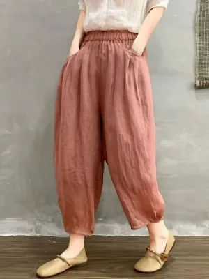 Women Summer Ramie Vintage Style Loose Harem Ankle Pants