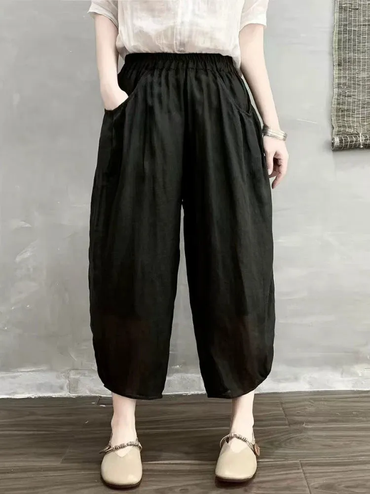 Women Summer Ramie Vintage Style Loose Harem Ankle Pants