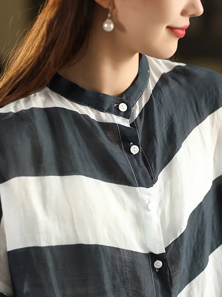 Women Summer Stripe Stand Collar 100%Ramie Thin Shirt