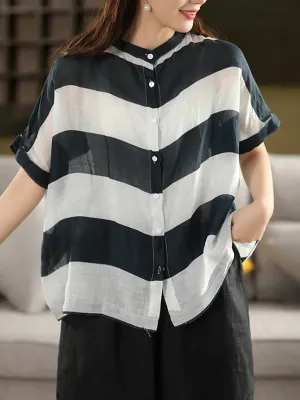 Women Summer Stripe Stand Collar 100%Ramie Thin Shirt