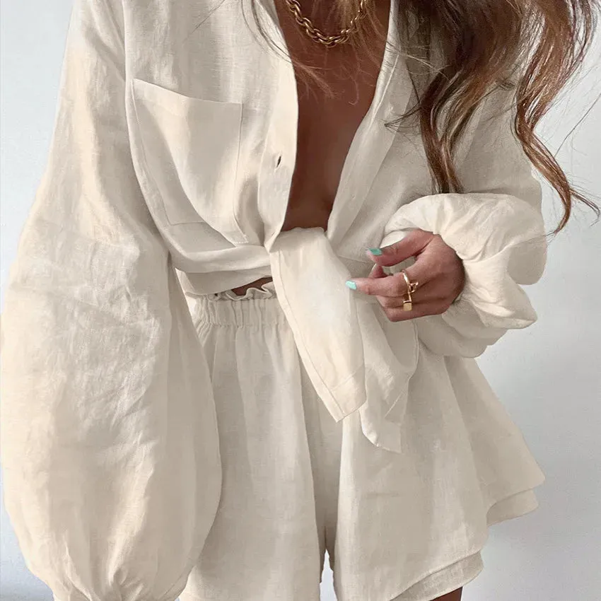 women's casual solid color 100% cotton patchwork shorts sets